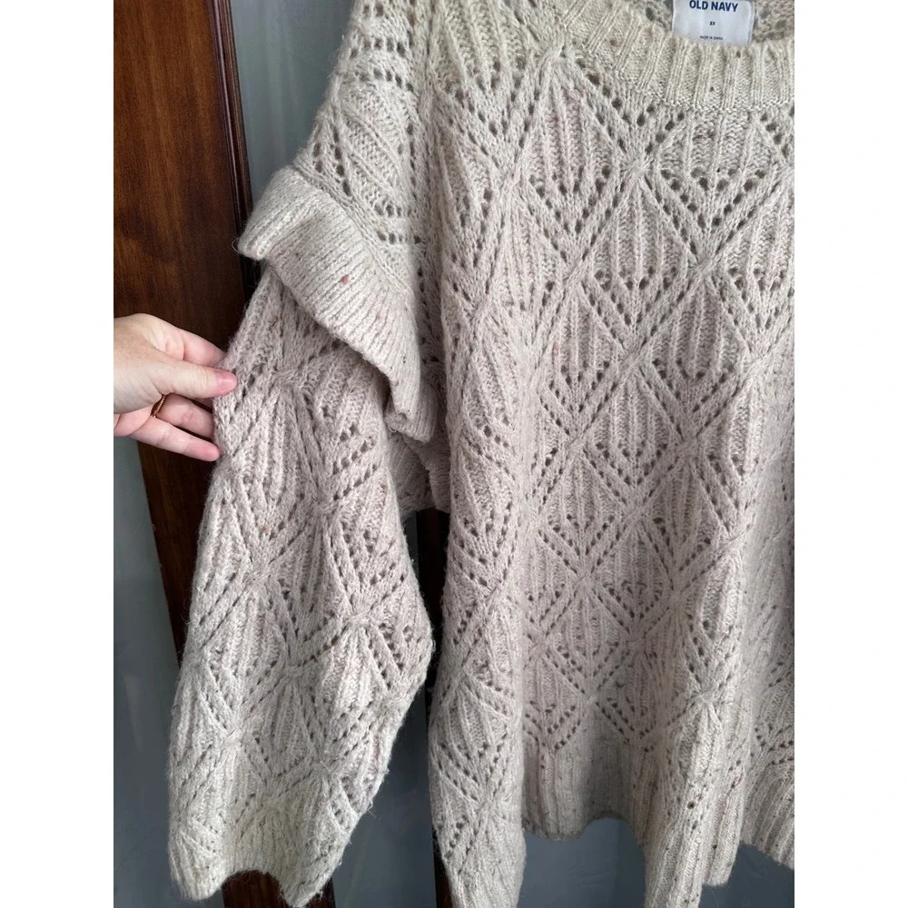 Old Navy Womens 3X Beige Pointelle Diamond Knit Ruffle Shoulder Sweater Oatmeal